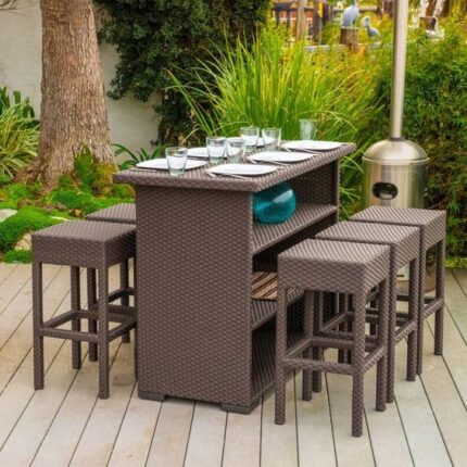 Outdoor wicker bar stools and bar console table for garden, patio, terrace, bar, club, restaurant by Sundecor Outdoor Furniture